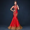 Luxury Blue Red Embroidered Chinese Evening Dress gorgeous Long Cheongsam Bride Wedding Qipao Mermaid Host Dresses Oriental Qi Pao