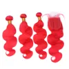 Cabelo humano vermelho brilhante tece com fecho de renda 3 pacotes de extensão de cabelo humano com fechamento de renda de meio caminho 1022789