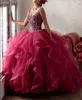 V Neck Tulle Ruffles vestido de baile Quinceanera Dresses frisados ​​Pedras Top Layered oco Voltar até o chão Prom Party Princesa Vestidos BA6175