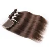 KissHair 4 Pacotes Com 44 Fecho de Renda Cor 4 Marrom Escuro Brasileiro Em Linha Reta Cabelo Virgem Weave Bundles8128733