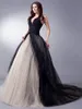 Black And Nude Ball Gown Gothic Wedding Dresses Halter Tulle Open Back Applique Beads Sequin Sweep Train Cheap Long Plus size Bridal Gown