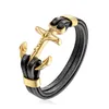 2021mkend Mens Bracelets Gold Leo Lion Stainless Steel Anchor Shackles Black Leather Bracelet Men Wristband Fashion Jewelry13285