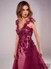 Tony Chaaya Evening Dresses With Detachable Train Burgundy Beads Mermaid Prom Gowns Lace Applique Sleeveless Luxury Party Dress