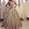 Champange Plus Size Wedding Dresses See Through Jewel Neck Long Sleeve Lace Applique Bridal Gown Sexy A-line Floor Length Satin Wedding Dres