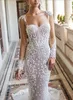 2019 Berta Mermaid Wedding Dresses Scoop Neck Lace Applique Button Back Sweep Train Långärmad bröllopsklänningar Robe De Sexy Bridal 268G