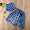 Ny stil tjejkläder set barn offshoulder spets top och denim shorts ruffles bow kjol dräkt barn kläder5987781