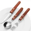 3 unids/set juego de vajilla con mango de madera cuchillo de acero inoxidable tenedor vajilla cubiertos comida occidental europea LZ0829