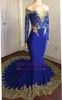 African Arabic Mermaid Prom Dresses Long 2018 Evening Dresses Royal Blue Gold Applique Long Sleeves Floor Length Dresses Evening Wear