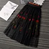 Spring and Summer Tulle Skirt Slim Pleated Skirts Vintage Rose Embroidery Floral skirts Womens All-match Waist Jupe Saias faldas