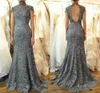 Gray Lace Mother Dresses High Neck Short Sleeves Sexy Backless Mermaid Women Evening Formal Wear Evening Gown Plus Size