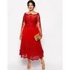 Red Lace Boat Neck Plus Size Mother of The Bride Dress Long Sleeve Tea Length Wedding Guest Party Gown Vestido Mae Da Noiva1263703