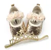 2PCS/Set Bling PU baby shoes + Elastic Crown headband flower first walker girls shoes mary jane party decoration soft soled