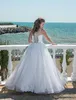 2019 prata grânulos de cristal meninas Pageant Dresses Tulle Piso de comprimento praia vestidos da menina de flor para casamentos Comunhão personalizado