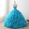 2018 Ny Blue Ball Gown Quinceanera Klänningar Beaded Prom Sweet 16 Dress Plus Size Lace Up Vestido de 15 Anos Q78