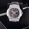 New Classic 5711 Steel Case White Skeleton Big Logo Asia 2813 Automatic Mens Watch Gray Leather Strap Watches Puretime 12 Colos Pb307b2