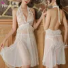 Lange witte mesh sexy nachtjapon kijken door kant halter diepe v-hals backless nachtkleding vrouwen slaap jurk nachtkleding sexy lingerie S1011