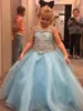 2019 Nieuwste Kristallen Beaded Light Sky Blue Girls Pageant Jurken A Line Kids Formal Wear Jurken Bloem Meisje Jurk Gratis Verzending