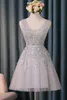 Cheap Short Silver Homecoming Cocktail Dresses V Neck Lace Appliqued Lace-up Prom Gowns Cheap Bridesmaid Party Dresses HY133