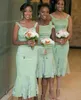 Mintgrön 2 stil brudtärna klänningar för bröllop satin och spets sjöjungfru te längd piga av ära kappor spaghetti kort bröllopsfest klänning