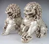 Paire de statues de lion gardien de chien Fu Foo en Bronze argenté chinois de 9.8 pouces