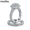 Vecalon vintage anel feminino conjunto 1ct 5a zircon cz anéis de casamento para mulheres 10kt ouro branco enchido presente de banda de noivado