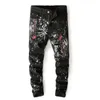 Wholesale-Newsosoo Men's Red Dragonfly Embroidered Jeans Black Skinny casual Graffiti printing Pants For Spring Autumn #8001