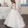 Yeni Varış Uzun Kollu Yay ile Aç Geri Boncuk Kanat Küçük Çiçek Kız Abiye Dantel Aplikler İlk Communion elbise