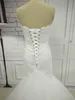 Robes de mariée sirène de la dentelle longue vraie chérie