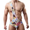 Män Jumpsuit Sexy One Shoulder Bodysuit Mankini Badkläder Mäns Tryckta Bomull Sexig Underkläder BodySuits Fancy Costume Men Clubwear