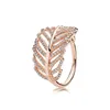 925 Sterling Silver Feather Rings with Clear CZ Diamond fit Pandora style Jewelry for Women 18K Rose Gold Crystal Wedding Ring
