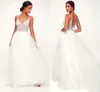 2022 Sexy White Wedding Dress V Neck Beaded Rhinestone Lace-Up A-line Tulle Beach Maxi Dress Boho Formal Bridal Gowns Court Train