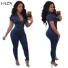 VAZN 2018 Sexy New Style Brand Fashion Women Denim Jumpsuits Night Club Turn-down Collar Short Sleeve Bodycon Rompers SMR8846