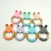 Bunny Silicone Teether och Wood Teething Ring Baby Chewable Leksaker Ekologisk Trä Ring Mat Grad Silicone Soother Spant Gifts