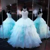 Ruffen Organza modische voll eingerichtete Perle Kristalle Promkleider für Mädchen hellblau süße 16 Kleider offener Quinceanera Kleid