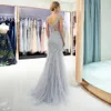 Gray Tulle Mermaid Long Prom Dresses Sheer Crew Neck Major Beaded Crystals Feather Formal Party Evening Dresses 100% Real Image CPS1177