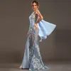 Saudiarabien Chiffon Aftonklänning Sheer One Shoulder Lace Appliqued Tulle Prom Klänningar Sexig Se genom trumpet ärmlös kvällsklänning