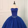 Royal Blue With Gold Applique Lace Quinceanera Prom Dresses Cheap Sweetheart Corset Sequins Beaded Sequined Tulle Vestidos 15 anos