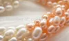 Spedizione gratuitaNATURALE braccialetto di perle coltivate d'acqua dolce di riso bianco rosa da 8 "9 mm a 6 file