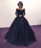 Bateau Lace Satin masquerade Ball Gown African Evening Formal Dress Navy Blue Long Sleeve Prom Dresses vestidos Plus Size