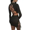 Sexy Womens Autumn long Sleeve Dress Fashiom Bandage 2 Piece Set Black dresses Bodycon Slim Sexy Party Dress Party Cocktail Short Mini Dress