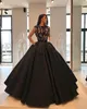 Ilusão Ball Gown Vestidos Formais Evening Lace Apliques Preto Prom Vestido Longo Vestidos De Fiesta Com Bolso