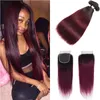 Brasileiros Ombre reta cabelo humano 3 pacotes com fecho Colorido 1B / 99j Burgundy Virgin brasileiro do cabelo humano Weave Com Lace Encerramento