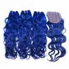 Extensiones de cabello humano de color azul brillante con cierre superior 4x4 Cabello ondulado con agua 3 paquetes con cierre de encaje