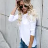 Nya kvinnor vit lös t-shirt mode o-hals långärmad fickor grundskjortor elastiska fasta färg toppar tee skjorta femme