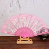 Hot sell 500pcs/lot Spanish style rose flower design plastic frame lace silk hand fan, Chinese craft folding fan