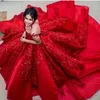 Sparkly Dubai Celebrity Avond Dreses Sheer Jewel Hals Cap Mouw Kralen Kant Applique Red Carpet Jurken Prachtige Pluizige Saudi Prom Dresses