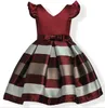 Fashion Puff Sleeves Mix Color Stripe Jacquard Party Dress for Girls Wedding Satin Europe and American Princess Dresses fit 3-10 Years kids