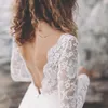 Fairy Stunning Deep V Neck Vintage Beach Wedding Dresses Lace Long Sleeve Full Length Summer Boho Sexy Backless Bridal Gowns Pretty Country