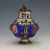 Bruciatore di incenso con coperchio in argento tibetano intarsiato in porcellana antica cinese