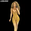 Golden Crystals Diamond Tassels bodysuit Sexy Nightclub singer DJ Jazz dance female costume Lead Dance show stage wear performance catsuit